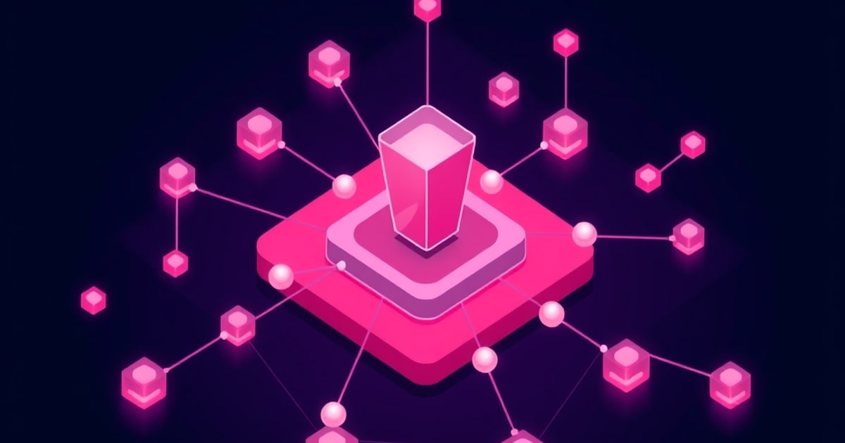 A pink isometric hub with a raised beveled platform radiates thin connector lines to small hexagon nodes and glowing spheres against a dark navy background.