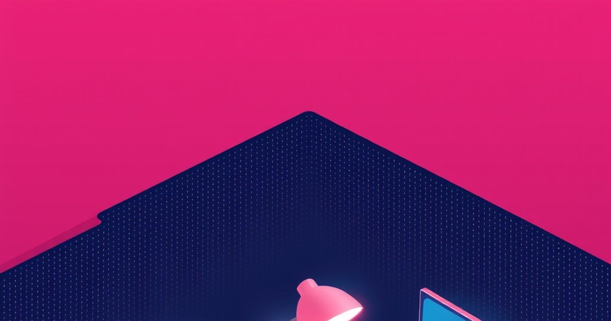 A glowing pink desk lamp beside a blue monitor edge, set against a dark isometric peak textured with dotted lines under a bright pink sky