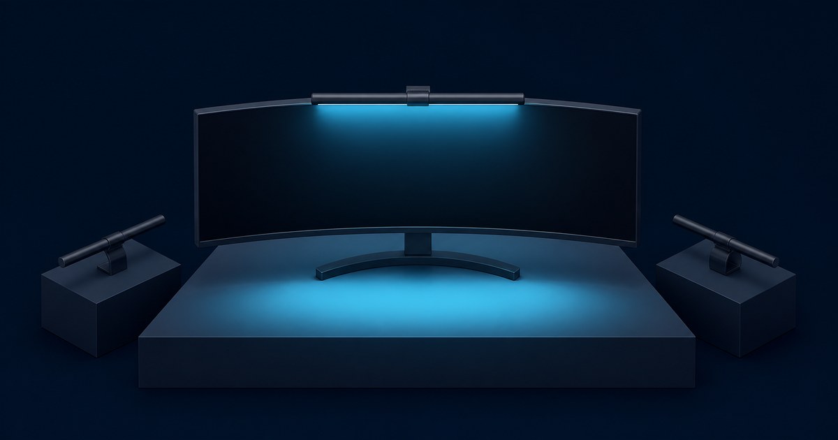 A curved ultrawide monitor on a dark blue pedestal with a glowing cyan light bar clipped on top, flanked by two more light bars on small cube stands.