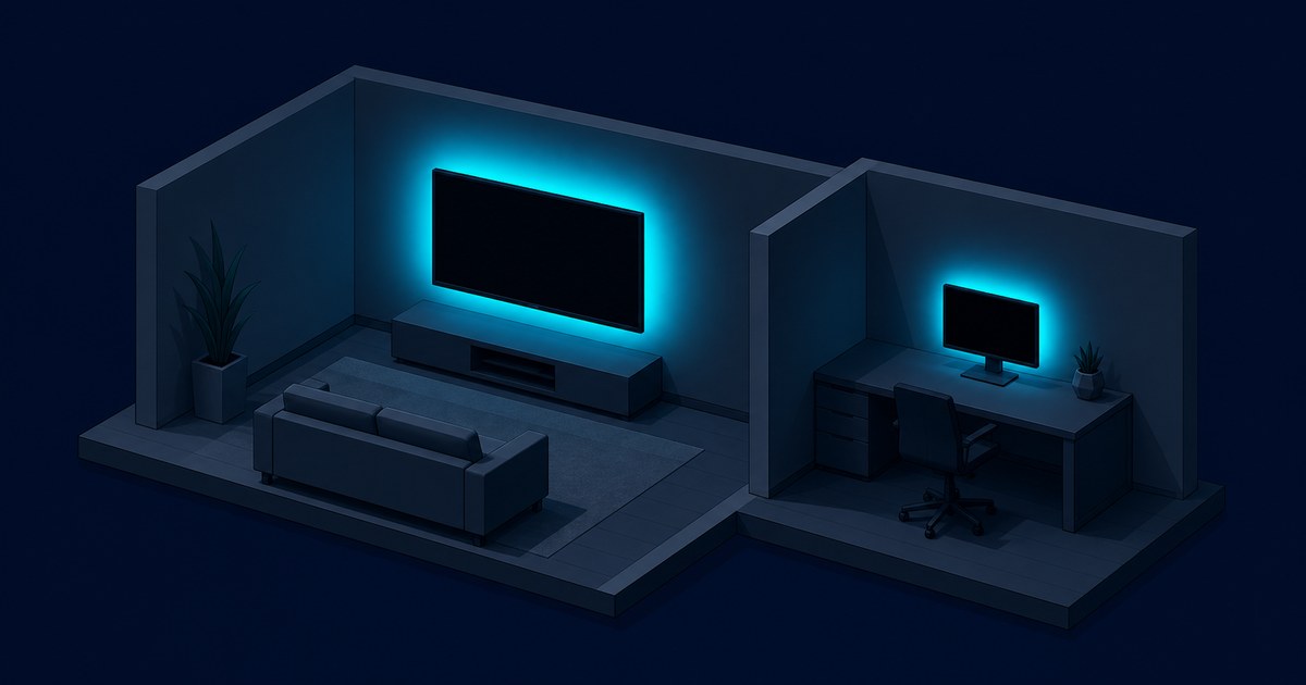 Split isometric scene showing a living room TV with cyan backlight glow behind it beside a desk monitor with matching bias lighting in a home office