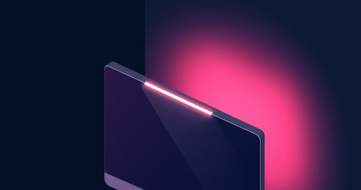 Flat isometric illustration of a dark monitor with a bright strip along its top bezel throwing light forward across the panel, and a pink glow spilling onto the wall behind it.