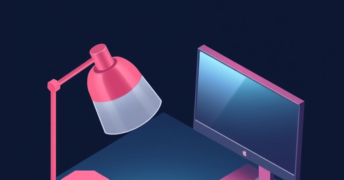A table lamp is placed next to a monitor. The setup includes a pink desk lamp and a computer monitor against a black background.