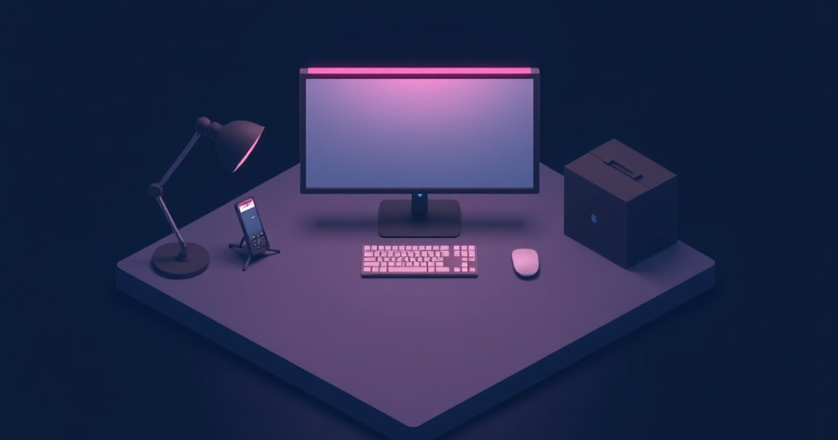 Isometric dark desk lit pink by a glowing light bar clipped above a widescreen monitor, with a task lamp, keyboard, mouse and phone on a stand