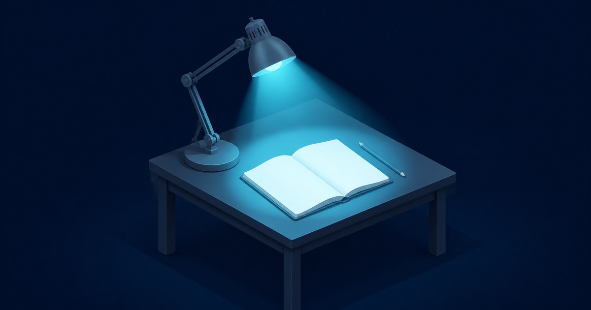 An adjustable articulating desk lamp casts a bright cone of blue-toned light over an open blank notebook and pencil on a dark isometric desk.