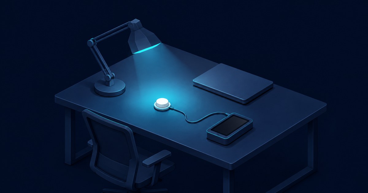 A cyan-lit desk lamp shines on a white lux sensor wired to a handheld meter beside a closed laptop and office chair.