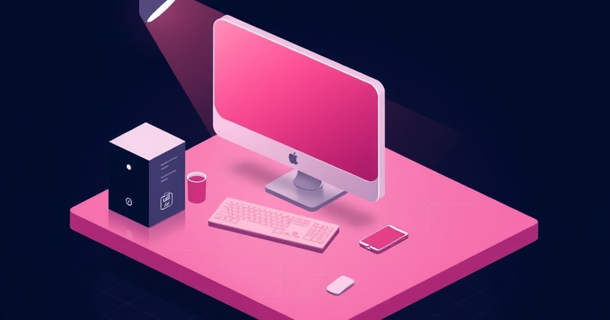 A pink desktop monitor and keyboard sit on a pink desk under a narrow overhead lamp beam, with a small tower unit, mug, phone, and mouse nearby against a dark background