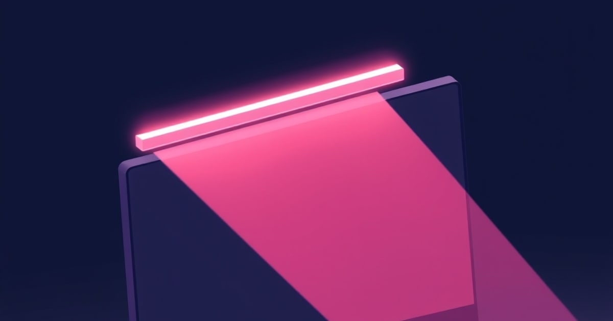 Flat isometric illustration of a slim glowing bar clipped over the top edge of a dark screen, casting a wide pink cone of light down across the panel below it.