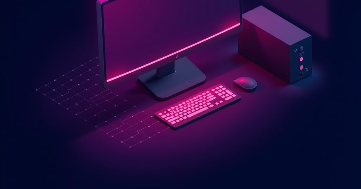 Flat isometric illustration of a monitor with a pink glow strip under its bezel, a lit pink keyboard, mouse and dark tower PC on a dim desk.