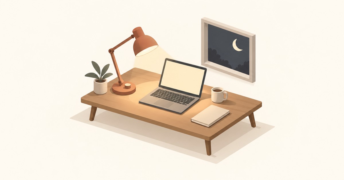 Isometric wooden desk with a terracotta lamp casting warm light on a laptop, coffee mug, notebook and plant, under a window with a crescent moon at night.