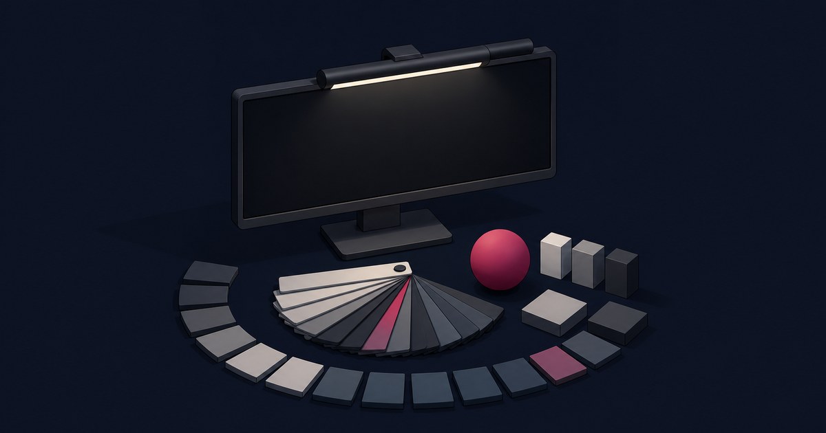 A dark desk monitor lit by a bar lamp sits above a fanned color-swatch deck in grays and one red hue, with a red sphere and small cubes for CRI comparison.